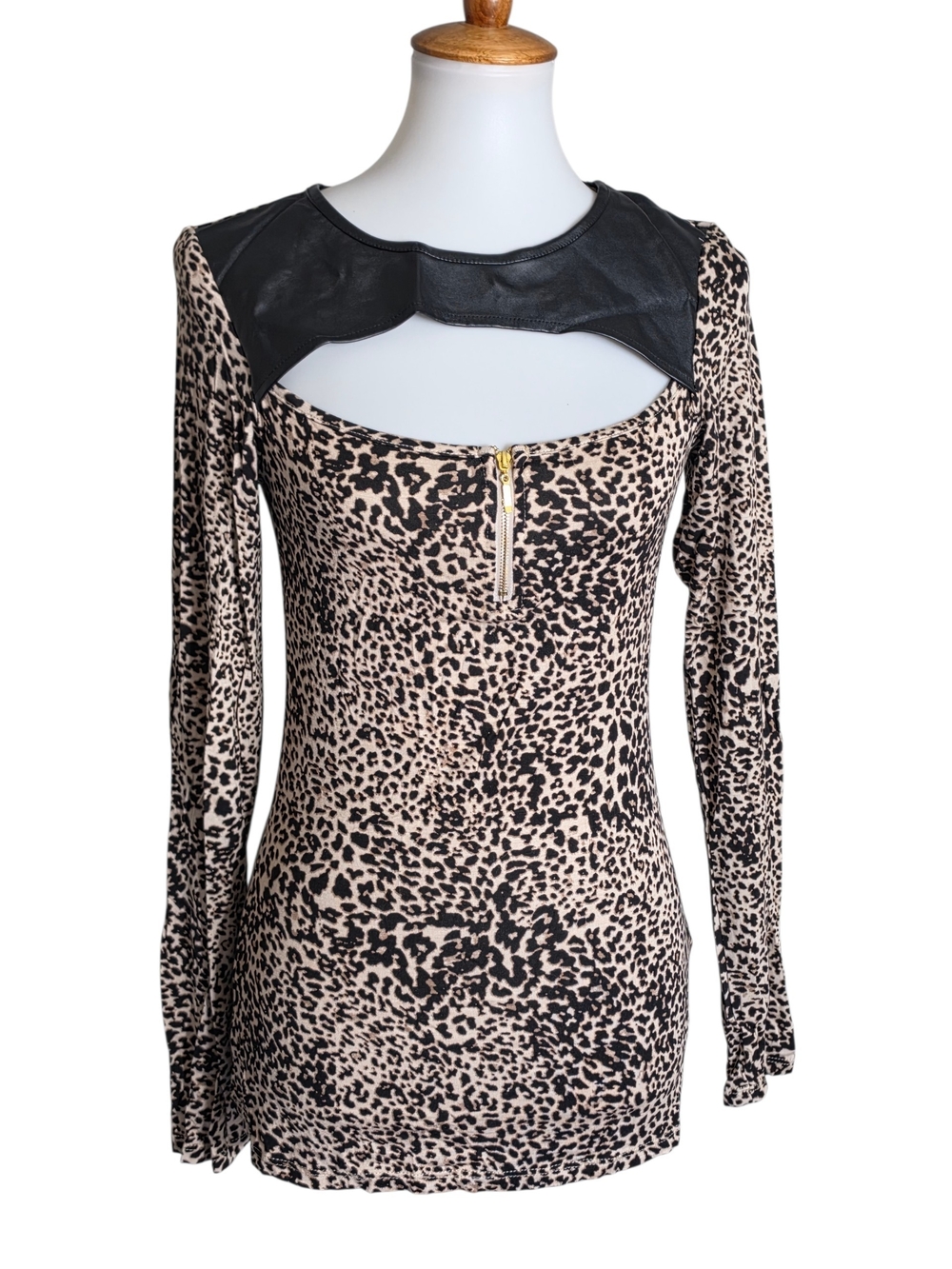G by Guess Beige and Black Leopard Print Long Sleeve Top with Faux Leather Yoke